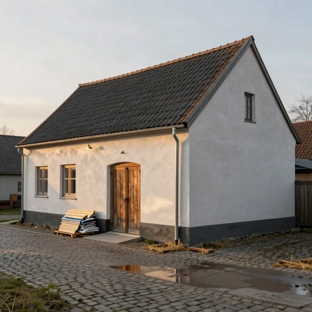 Skånsk gårdslänga med ny betongsockel och städad gårdsplan i kvällssol.