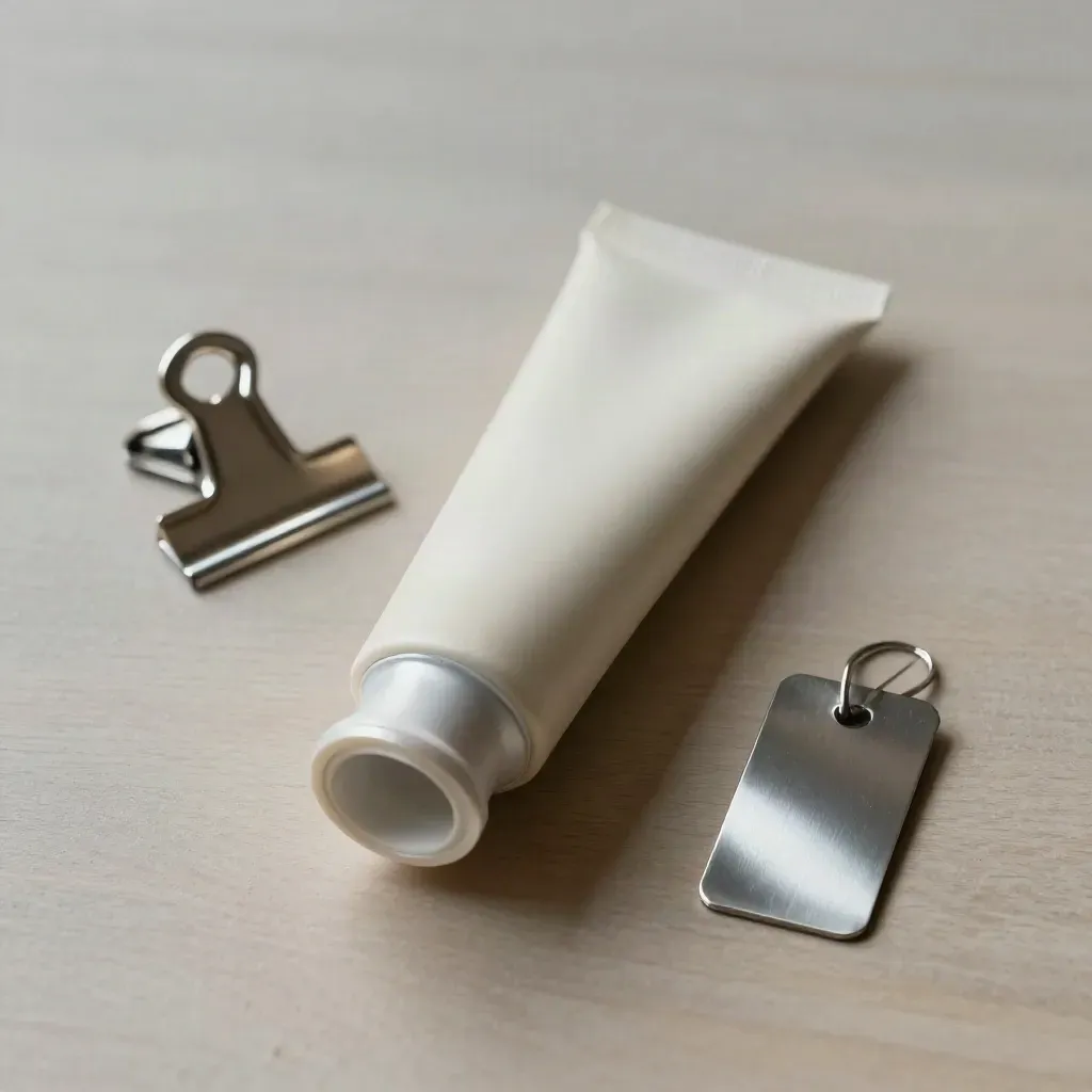 Rullad projekttub, stålclip och metallbricka på ljus träyta i mjukt sidoljus.